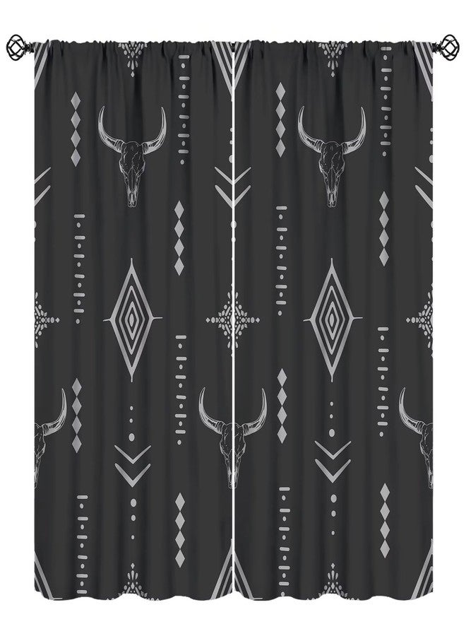 JADERYS Western Blackout Curtains Bull Skull Boho Aesthetic Aztec Black Gray Modern Abstract Art Design Bedroom Living Room Rod Pocket Decoration Window Drapes 2 Panels W21xL45in - Image 1
